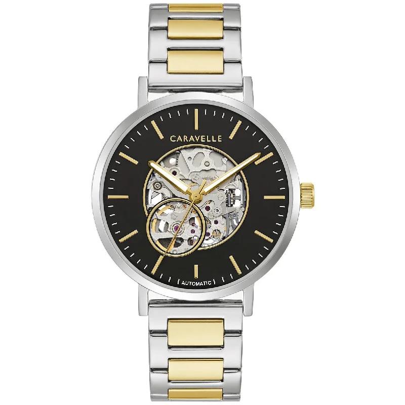 Unisex watch ultra-thin model -MEN'S TWO-TONE STEEL CLASSIC CARAVELLE WATCH WITH SKELETON DIAL