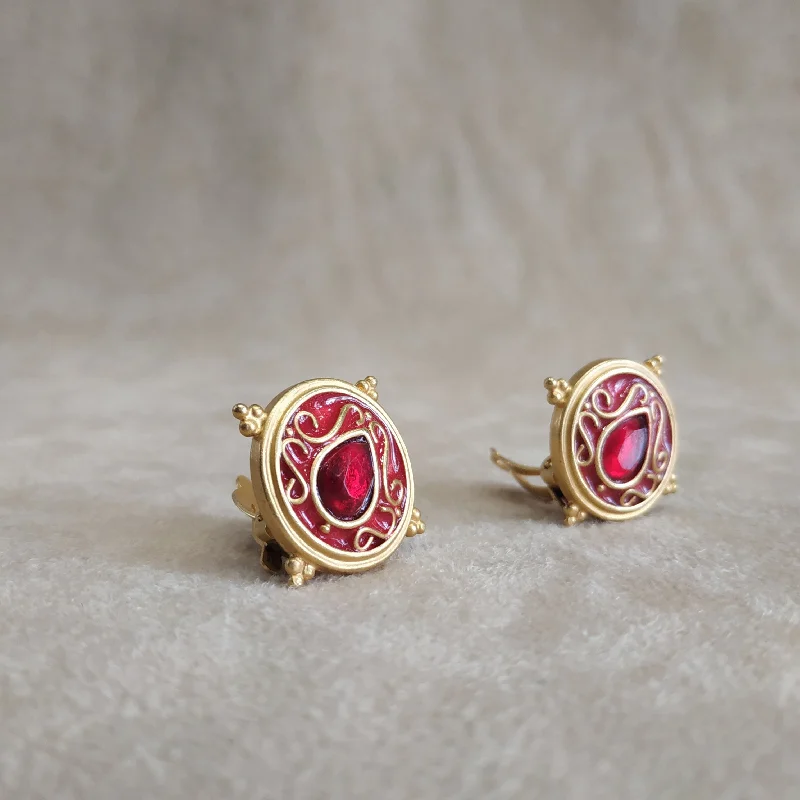 Ladies Earrings Woven -Red Round Earrings by Rima Ariss Clip On Gold