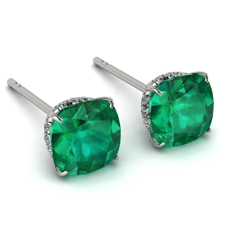 Ladies Earrings Fashion -Hidden Halo Cushion Emerald Earrings - Alivia No. 6