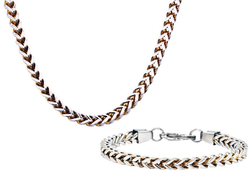 Pearl necklace sets for women-Mens 8mm Two Tone Gold Plated Stainless Steel Franco Link Chain Set