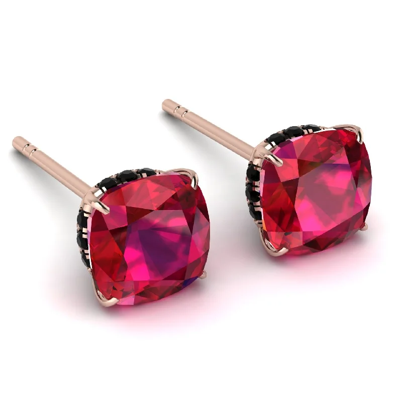 Ladies Earrings Pink -Hidden Halo Cushion Ruby Earrings - Alivia No. 41