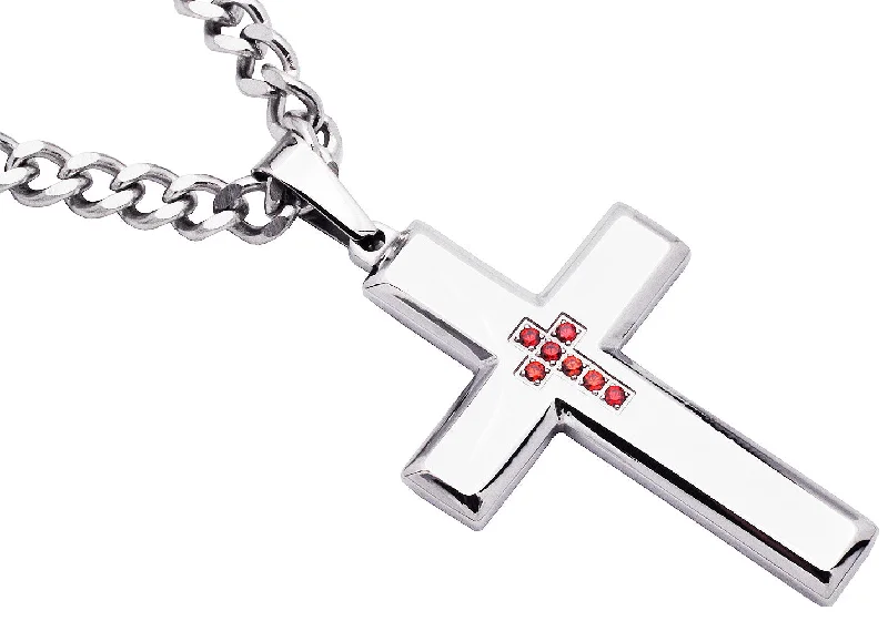 Elegant necklaces for women-Mens Polished Stainless Steel Cross Pendant Necklace With Red Cubic Zirconia