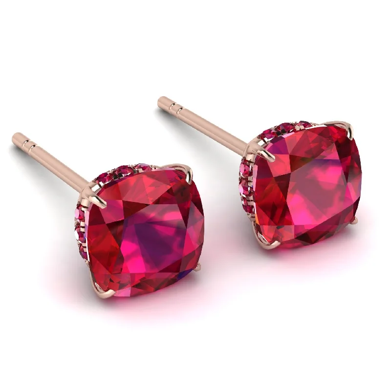 Ladies Earrings Affordable -Hidden Halo Cushion Ruby Earrings - Alivia No. 56