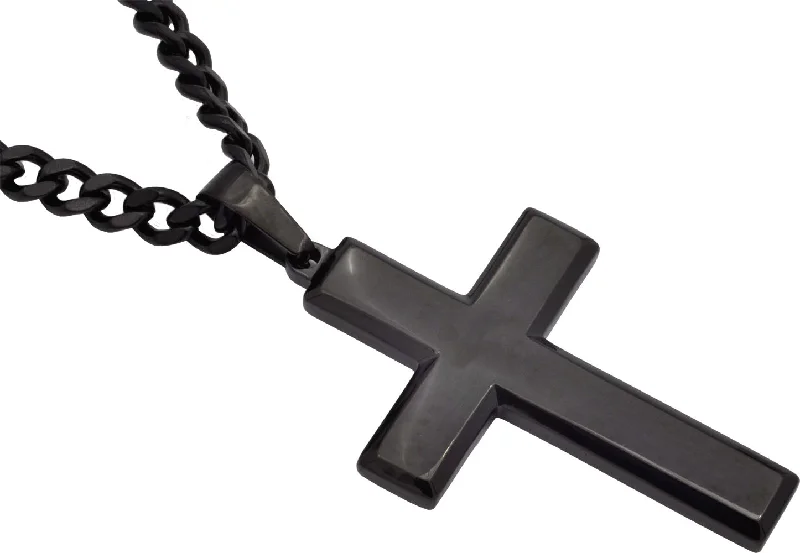 Chain necklaces for women-Mens Black Stainless Steel Cross Pendant Necklace