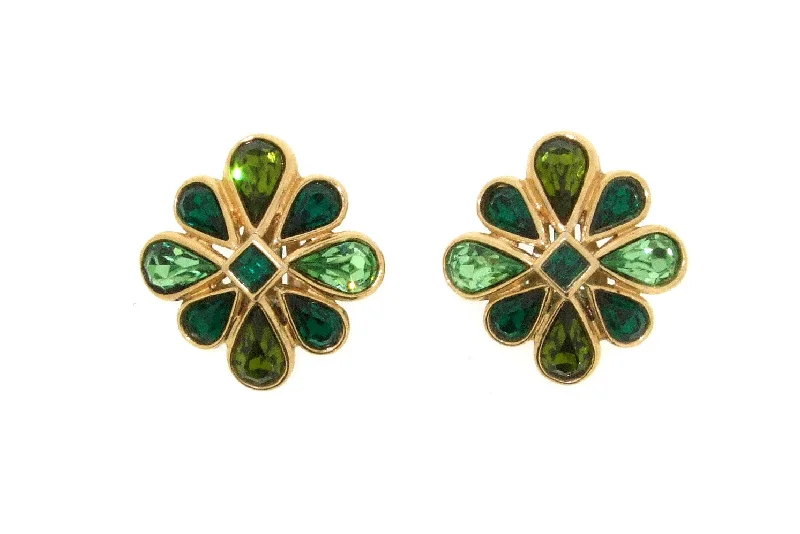 Ladies Earrings Warm -Vintage Yves Saint Laurent Earrings Gold and Green Crystal Clip Ons