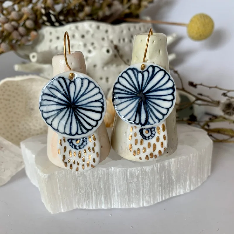 Ladies Earrings Sun -Blue and white hand painted porcelain earrings with gold lustre detail.