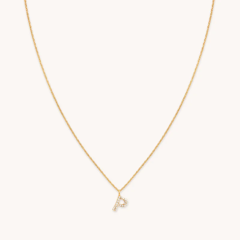 Personalized birthstone necklaces for women-P Initial Pavé Pendant Necklace in Gold