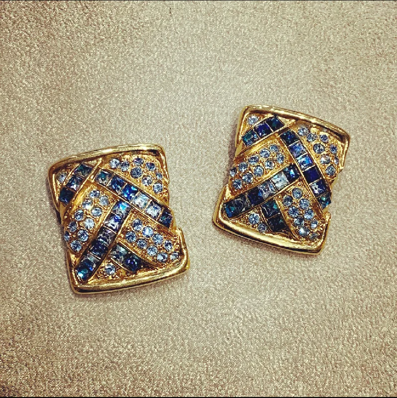 Ladies Earrings Horizontal -Yves Saint Laurent  Vintage Clip On Earrings Gold Blue Crystal Sqaure