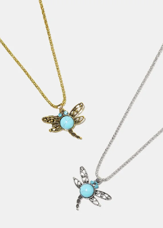 Simple gold necklaces for women-Turquoise Dragonfly Necklace