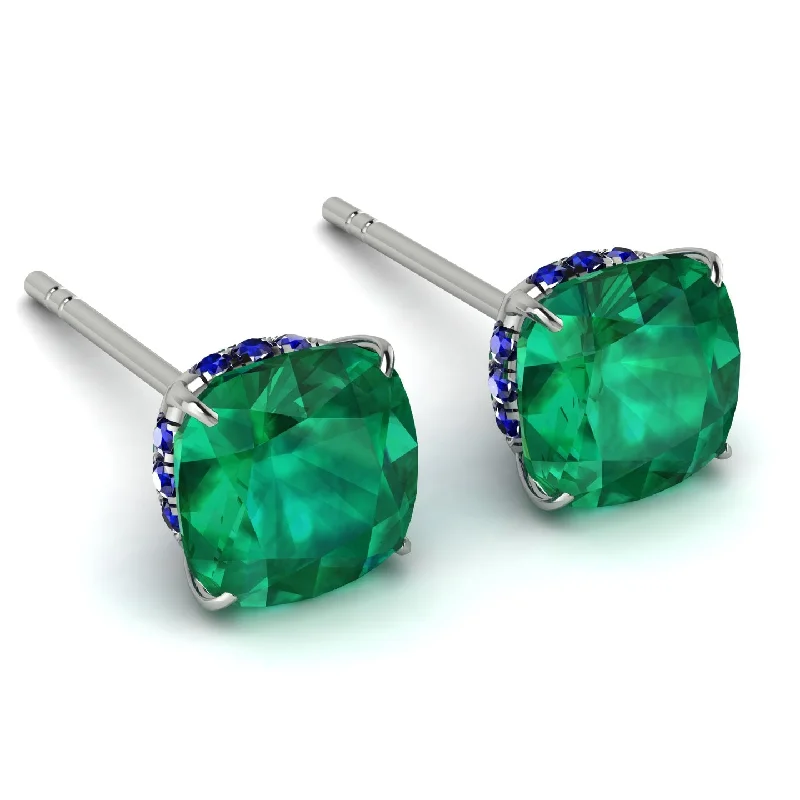 Ladies Earrings Clip On -Hidden Halo Cushion Emerald Earrings - Alivia No. 66