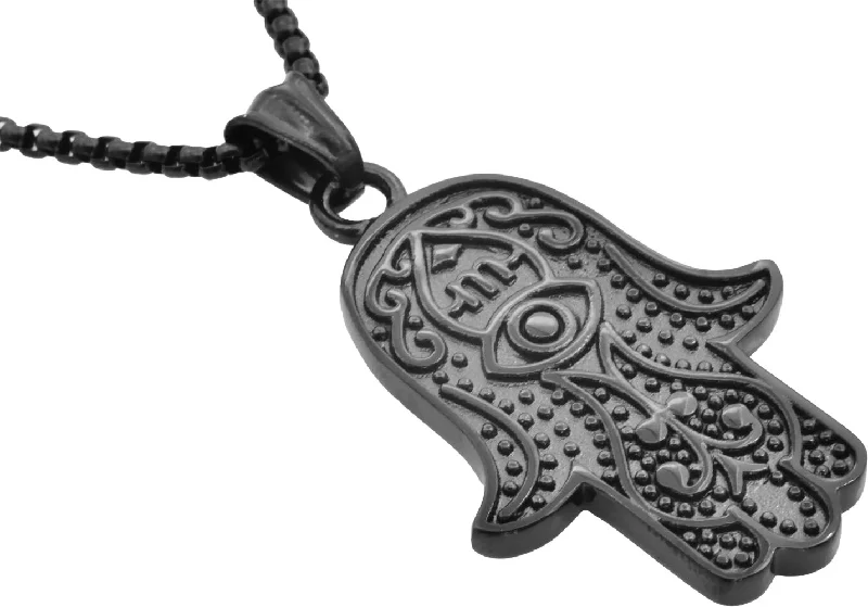 Long statement necklaces for women-Mens Black Stainless Steel Hamsa Pendant Necklace