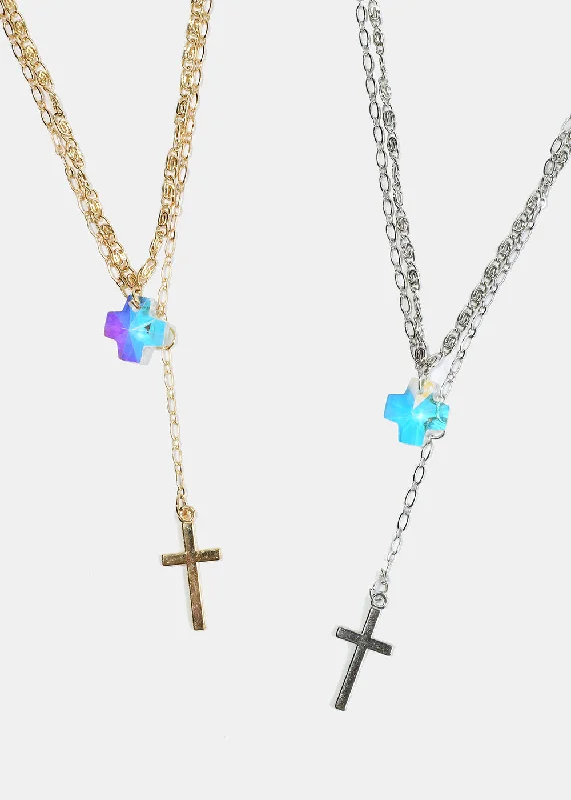 Layered gold necklaces for women-Cross and Gem Layered Necklace