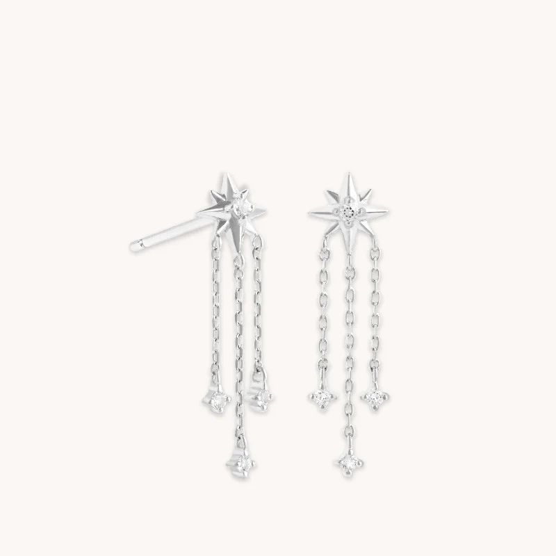 Bar necklaces for women-Shooting Star Chain Drop Studs in Solid White Gold