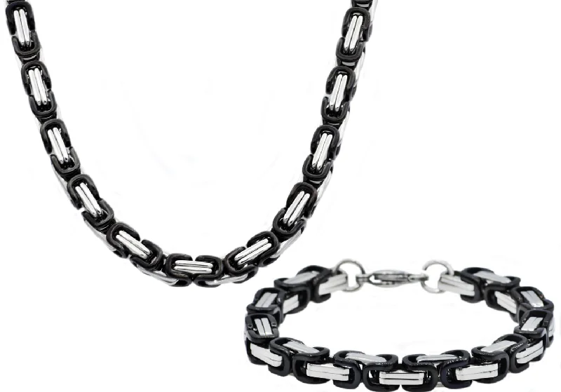 Layered gold necklaces for women-Mens Black Stainless Steel Byzantine Link Chain Set