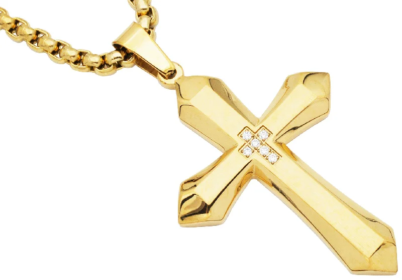 Diamond-studded necklaces for women-Mens Gold Plated Stainless Steel Cross Pendant Necklace With Cubic Zirconia with 24" Round Box Chain