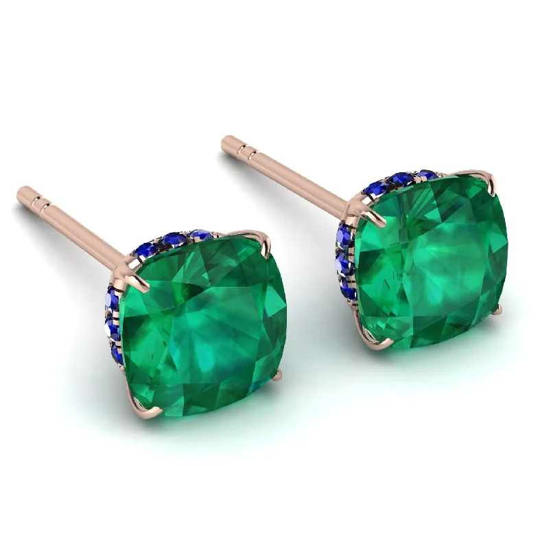 Ladies Earrings Diamond Studded -Hidden Halo Cushion Emerald Earrings - Alivia No. 65