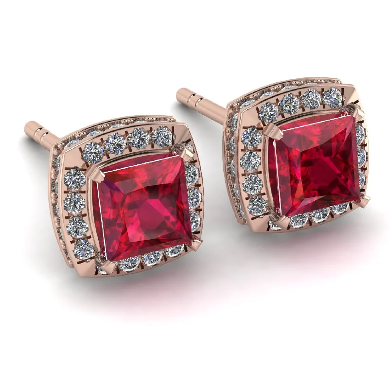 Ladies Earrings Sculptural -Hidden Halo Princess Ruby Earrings - Georgia No. 11