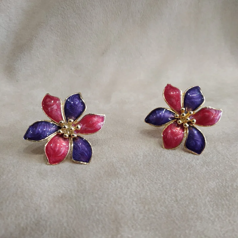 Ladies Earrings Brass -Pink Purple Vintage Enamel Flower Earrings