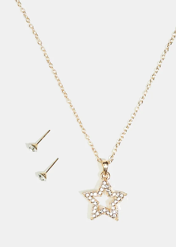 Fashion chain necklaces for women-Rhinestone Star Necklace & Earring Set