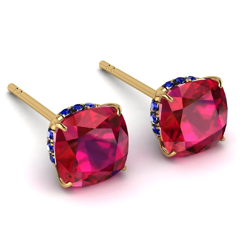 Ladies Earrings Stud -Hidden Halo Cushion Ruby Earrings - Alivia No. 70