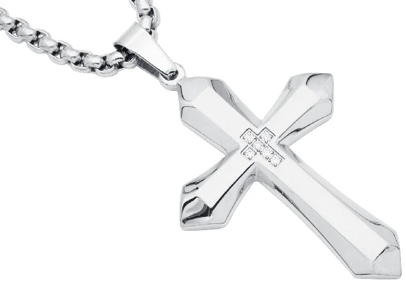 Fashionable necklaces for women-Mens Stainless Steel Cross Pendant Necklace With Cubic Zirconia with 24" Round Box Chain