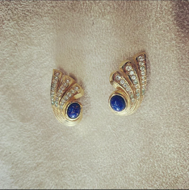 Ladies Earrings Knit -Grosse Vintage Wing Earrings Lapis Gold clip on