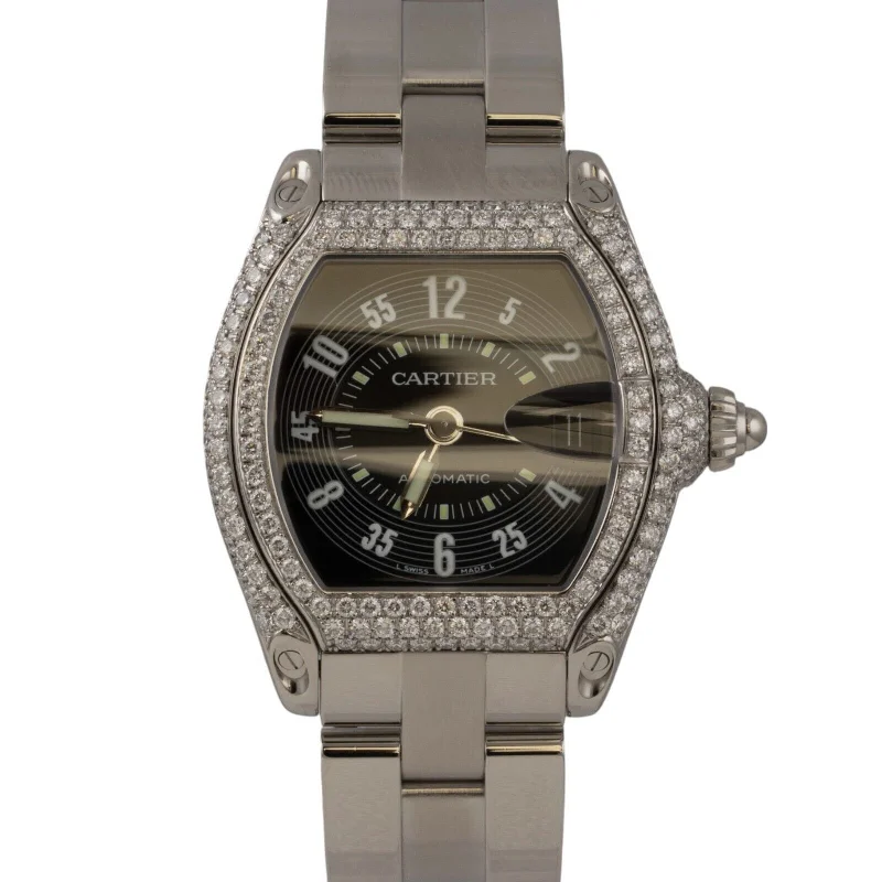 Unisex watch office style -Cartier Roadster 2510 Black Dial Stainless Steel Diamond Bezel 37mm Watch