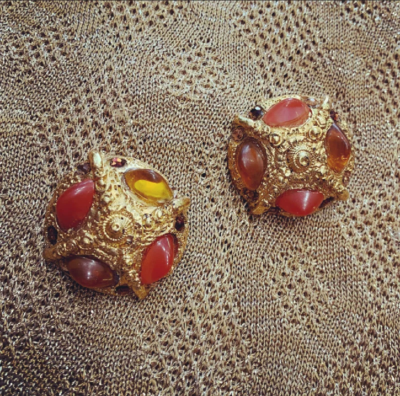 Ladies Earrings Cluster -Chunky Amber Yellow Vintage Clip on  Earrings