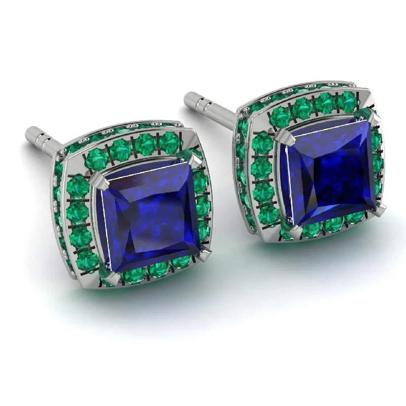 Ladies Earrings Haute -Hidden Halo Princess Sapphire Earrings - Georgia No. 30