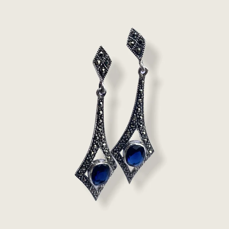 Ladies Earrings Country -Sapphire Blue Art Deco Spear Earrings in Silver and Marcasite