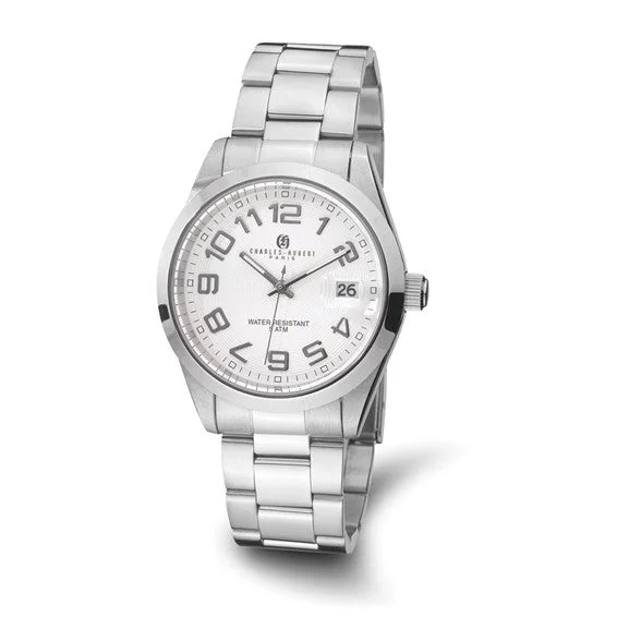 Unisex watch spring release -Mens Charles Hubert Stainless Steel White Dial Watch