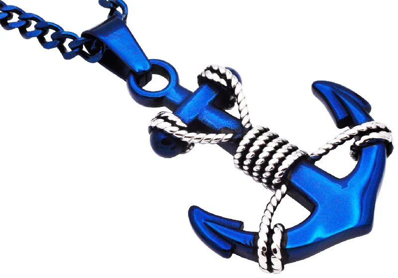 Double chain necklaces for women-Mens Blue Stainless Steel Anchor Pendant Necklace With Steel Rope