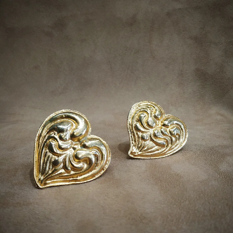 Ladies Earrings Wire Wrapped -Edouard Rambaud Chunky Gold Heart vintage clip on earrings