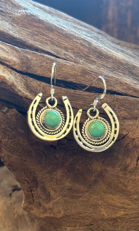 Ladies Earrings Spiked -LUCKY HORSESHOE Running Bear RB Silver and Turquoise Navajo Earrings