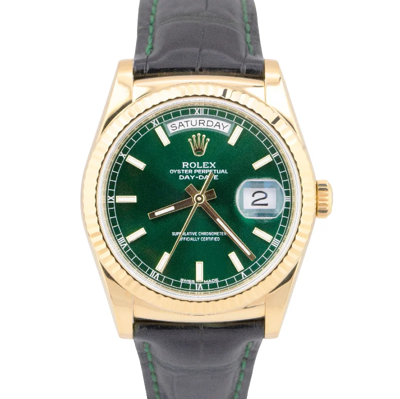 Unisex watch winter match -MINT Rolex Day-Date GREEN President 36mm 18K Yellow Fluted Watch Leather 118138