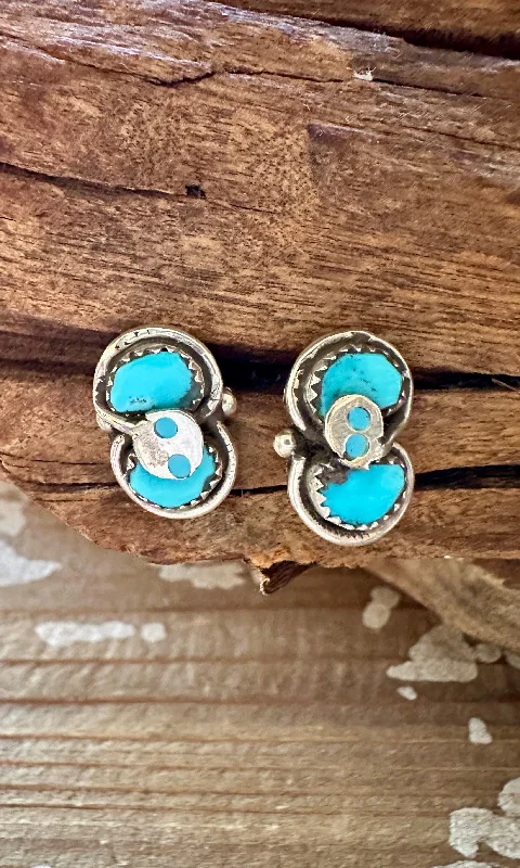 Ladies Earrings Muted -EFFIE CALAVAZA Zuni Handmade Sterling Silver and Double Turquoise Snake Earrings