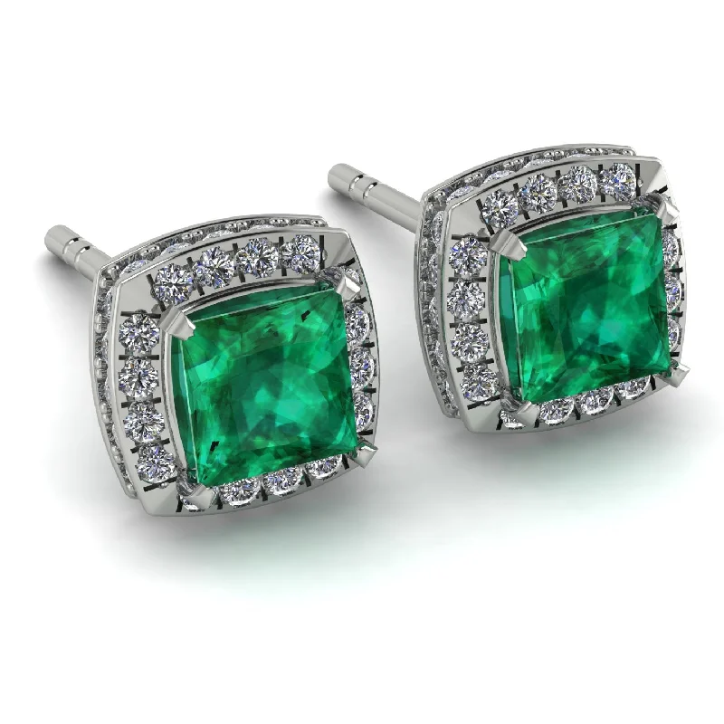 Ladies Earrings Smooth Edge -Hidden Halo Princess Emerald Earrings - Georgia No. 6