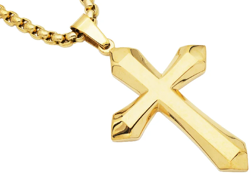 Wedding necklaces for women-Mens Gold Plated Stainless Steel Cross Pendant Necklace with 24" Round Box Chain