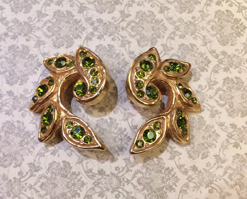 Ladies Earrings Pastel -Vintage Christian Lacroix Earrings Gold Olive Green Crystal Clip on