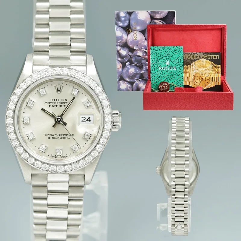 Unisex watch Swiss craftsmanship -MINT Ladies Rolex DateJust 26 Platinum Diamond Bezel and Dial 69136 Watch Box