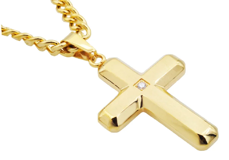 Custom engraved necklaces for women-Mens Gold Stainless Steel Cross Pendant Necklace With Cubic Zirconia