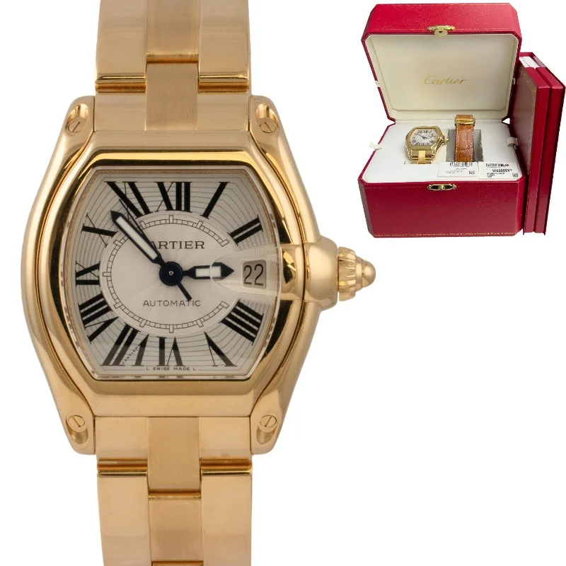 Unisex watch student budget -Cartier Roadster W62005V1 2524 18k Gold White Roman Guilloche 37mm BOX & CERT