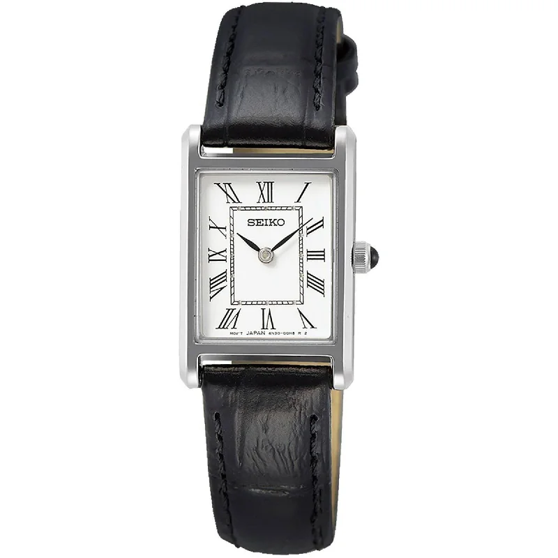 Unisex watch Swiss craftsmanship -Seiko Women's Watch - Essentials Silver Tone Case Black Leather Strap | SWR053P1