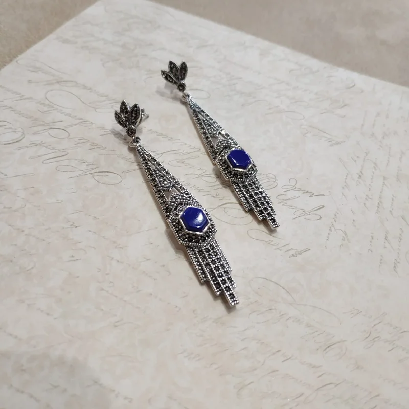 Ladies Earrings Earthy -Lapis Lazuli Art Deco Articulated Earrings in Silver