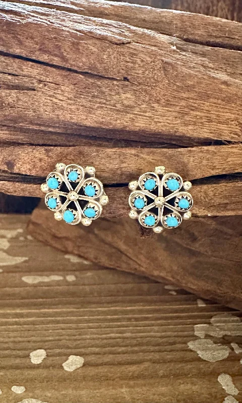 Ladies Earrings Circular -SMALL TURQUOISE PINWHEEL Sterling Silver Stud Earrings