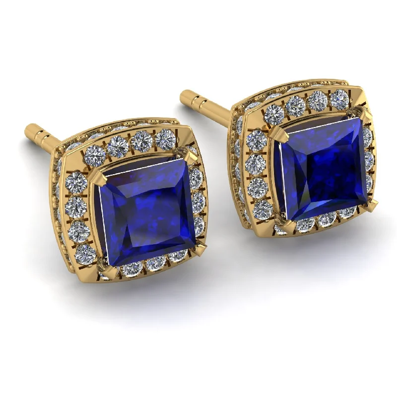 Ladies Earrings Intricate -Hidden Halo Princess Sapphire Earrings - Georgia No. 13