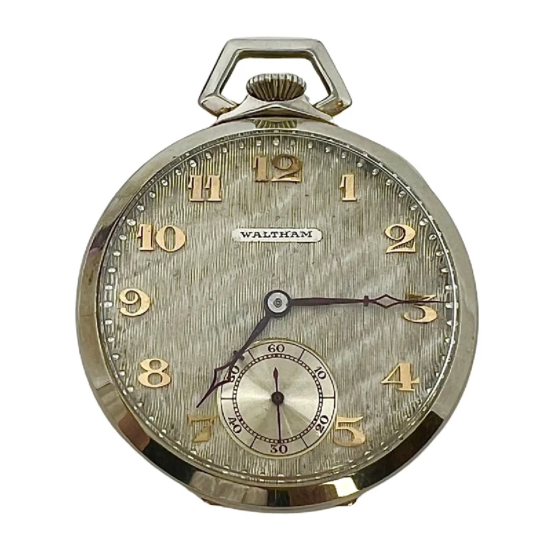 Unisex watch travel companion -Waltham 14K White Gold Vintage Pocket Watch with 19 Jewels