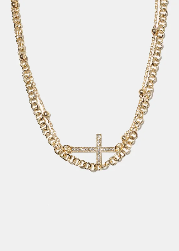 Bar necklaces for women-Layered Necklace with Cross