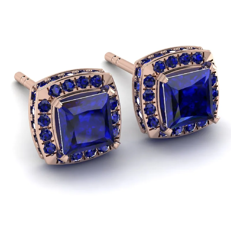 Ladies Earrings Proportioned -Hidden Halo Princess Sapphire Earrings - Georgia No. 74