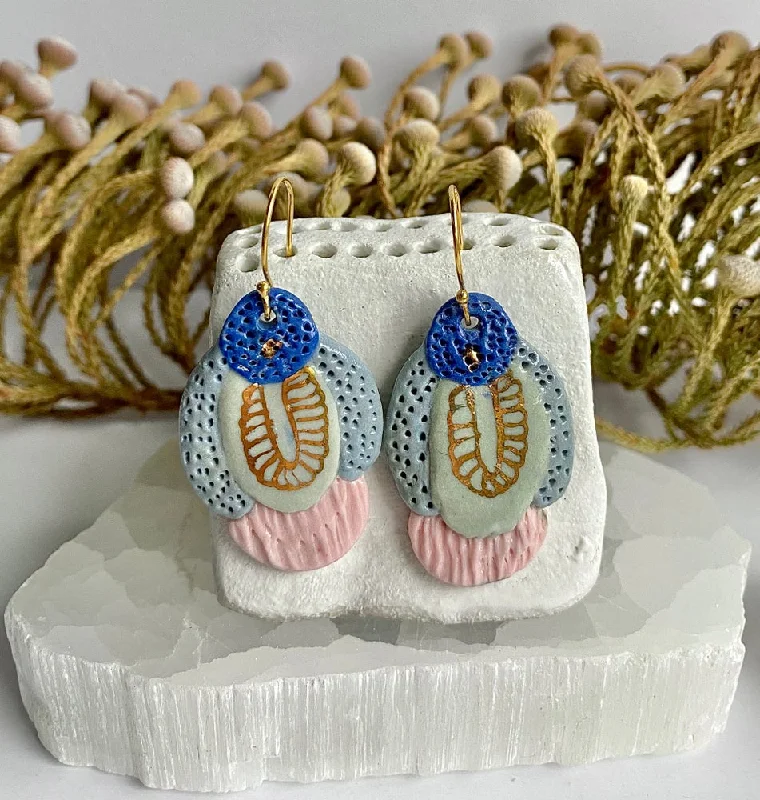 Ladies Earrings Space -Hand Painted Pink, Blue and Gold Porcelain Earrings